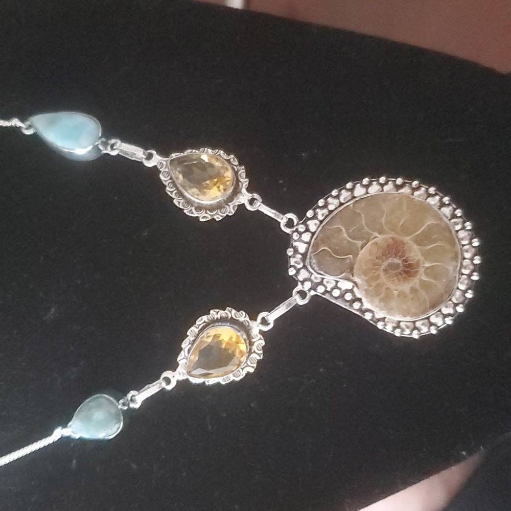 New Ammonite Fossil, Larimar and Citrine 925 Silver Necklace.